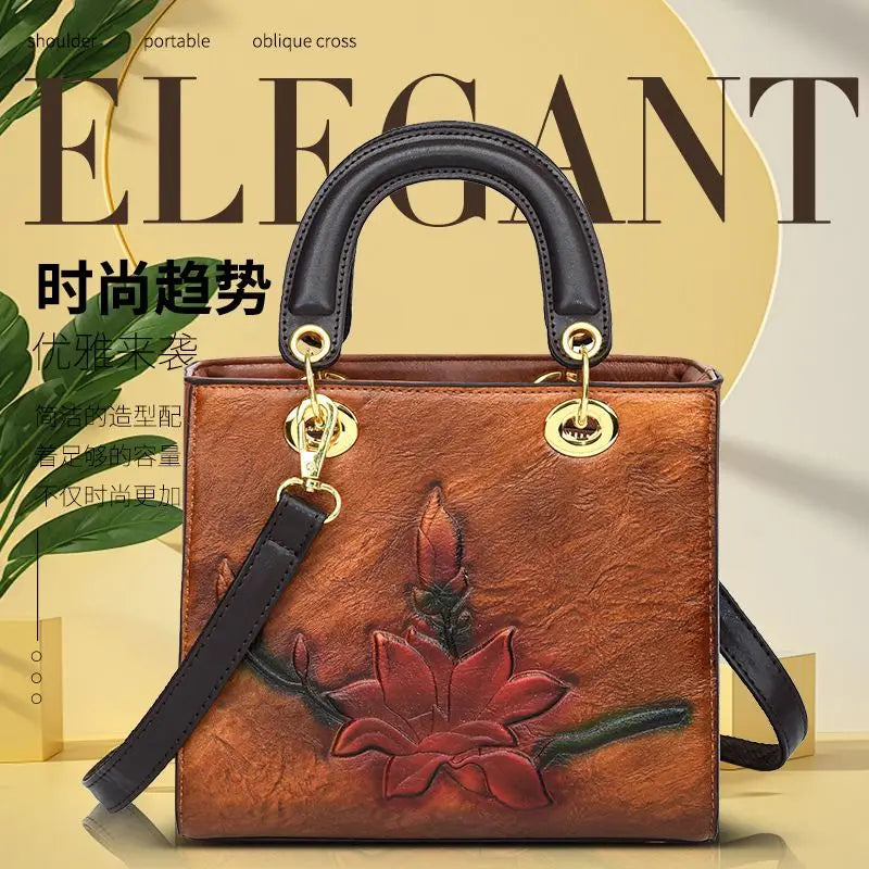 2026 New Handbag Trendy Hand-held Bag Floral Embossed Design Slanted Single-shoulder Crossbody Retro Ethnic Bags Women Package