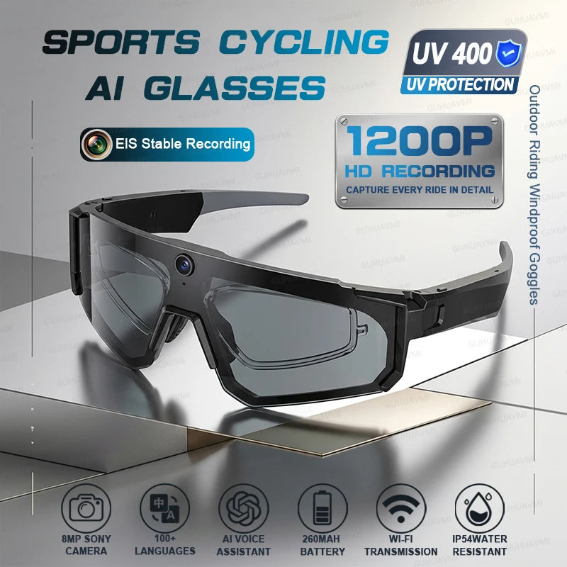 2026 NEW AI Smart Glasses ChatGPT 1080P Camera 8MP Anti-shake Cycling Video&Photo Sport Sunglasses DualMic 32GB Windproof Goggle