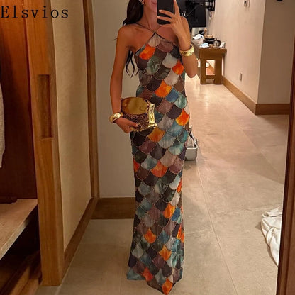 Sexy Bodycon Backless Halter Dress Elegant Colorful Block Full Length Evening Dress Fashion 2025 Slim Off Shoulder Party Dress