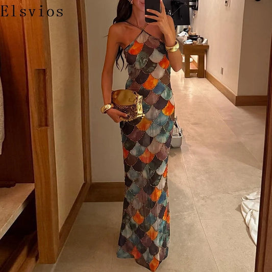 Sexy Bodycon Backless Halter Dress Elegant Colorful Block Full Length Evening Dress Fashion 2025 Slim Off Shoulder Party Dress