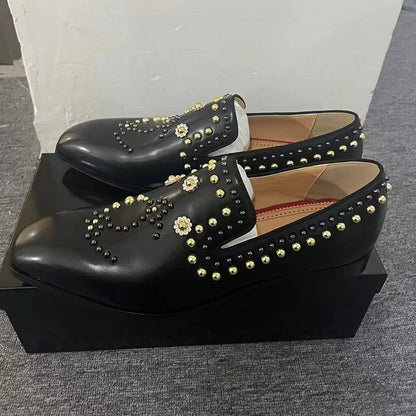 Gold Rivet Studded Shoes Man Pointed Toe Black Real Leather Hand-made Flats Male Fashion Party Shoes