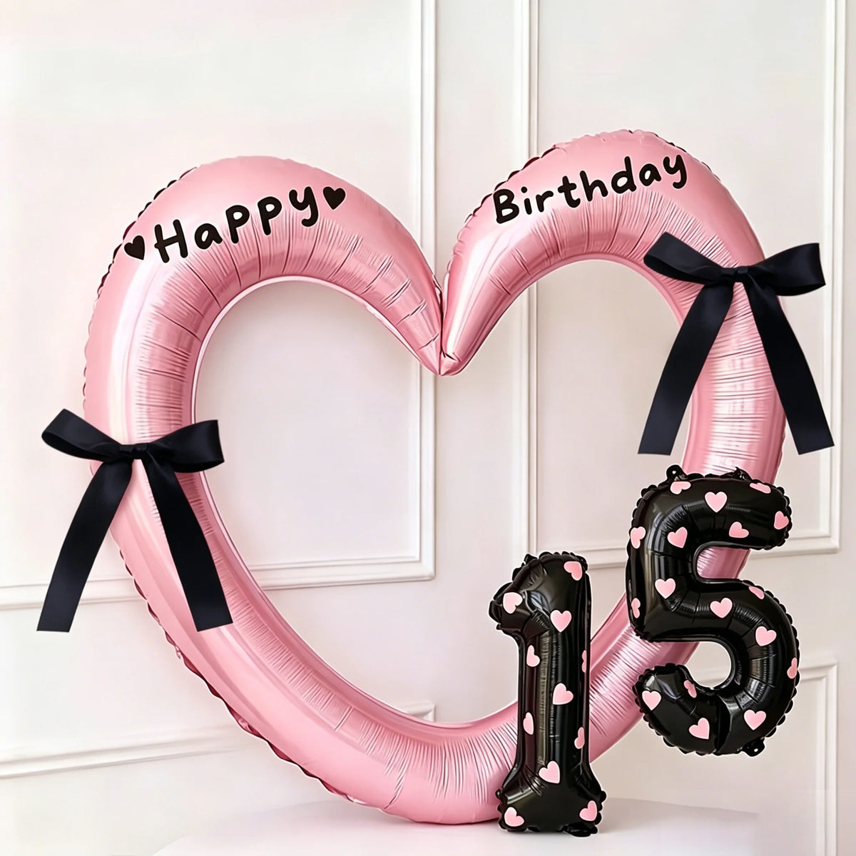 7Pcs 16inch Black Number Hollow-Out Heart Balloons and Heart Stickers Set, Includes 2 Number Balloons, 2 Stickers, 1 Glue Stick, 2 25cm Ribbons, for Birthday Parties, Wedding Anniversary Celebrations, Holiday Decorations
