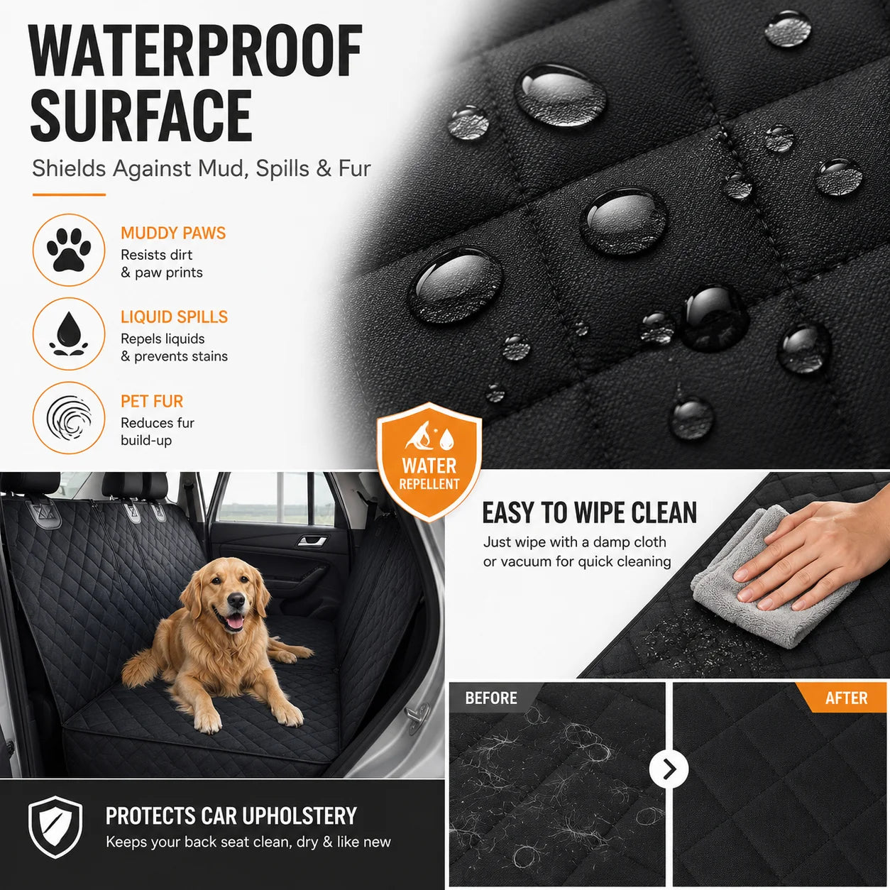 Waterproof Dog Car Seat Cover Rear Bench Pet Seat Protector Lightweight Quilted Back Seat Mat for Dogs Cats SUVs Cars Trucks