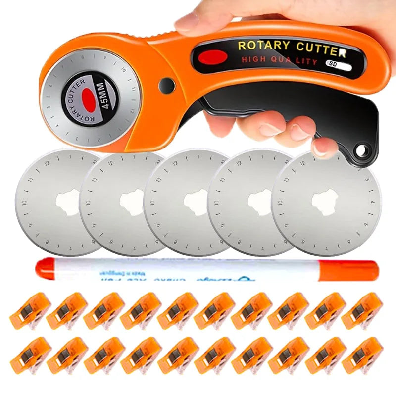 45mm Rotary Cutter Set Round Hob Craft Wheel Cutter Handle Roller with 5 Replacement Blades, Sewing Clip and Fabric Marker Pen