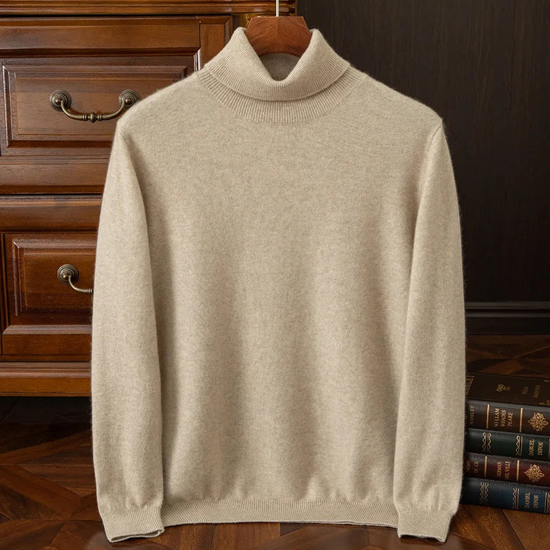 100% cashmere men's pullover business casual solid knitted sweater loose Pull Turtleneck Tops basic Turn down collar Jumper