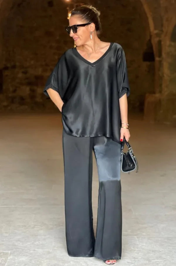 Women 2-piece Set, Satin Loose Fitting Suit, Short Sleeved T-shirt, 2 Pairs Of Pants, Summer Conjuntos Para Mujeres 2 Piezas