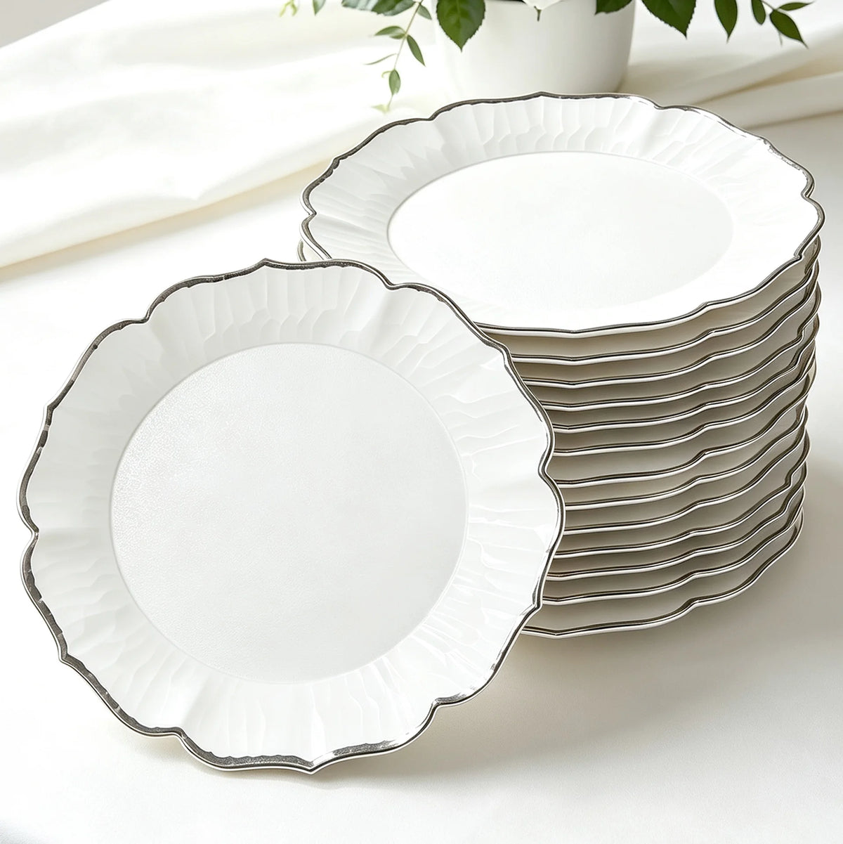 White Flower Ruffled Charger Plates Elegant Tabletop Centerpiece for Wedding Banquet Party Reception Dinner Holiday Table Decor