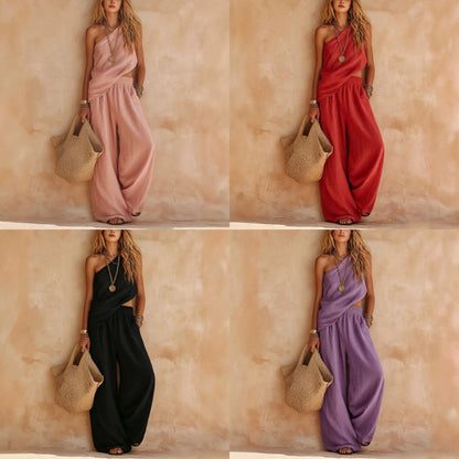 Womens Casual Matching Set Summer Linen Wide Leg Pants Jumpsuit Two Piece Outfits