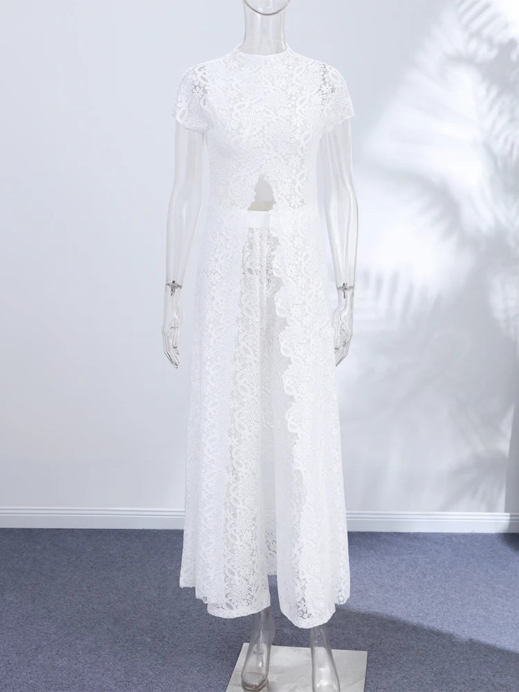 Fashion Lace Solid Women's Shirt Pant Set See Through Short Sleeve Long Tops Straight Trousers 2026 Summer Chic Female Suits
