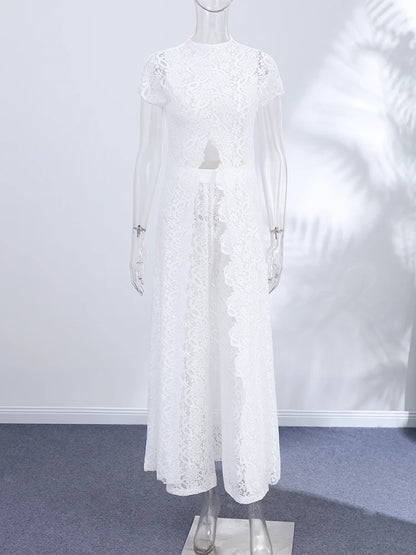Fashion Lace Solid Women's Shirt Pant Set See Through Short Sleeve Long Tops Straight Trousers 2026 Summer Chic Female Suits