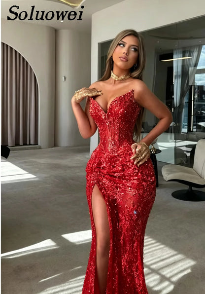 Customized Elegant Strapless Sweetheart Evening Dresses Corset Beaded Slit Luxury Mermaid Formal Prom Gown Vestidos De Noche