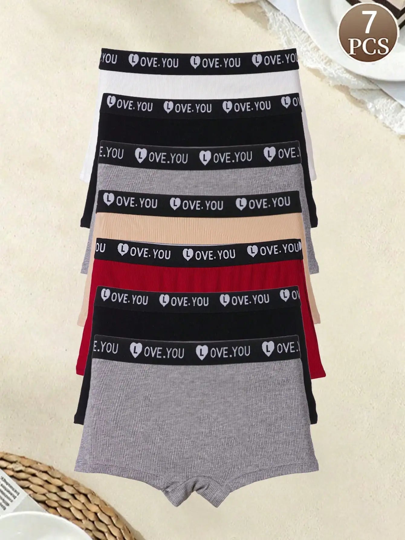 7Pcs Women Solid Ribbed Boxer Briefs, Heart Pattern Soft Breathable Comfort Daily Underwear