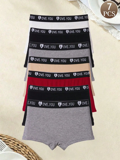 7Pcs Women Solid Ribbed Boxer Briefs, Heart Pattern Soft Breathable Comfort Daily Underwear