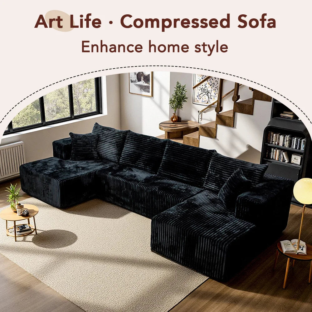 128 Inch Black U‑Shaped Modular Cloud Sofa, Vacuum Compressed Packing Clearance Sale, Local Warehouse Shipping for Living Room Home Furniture