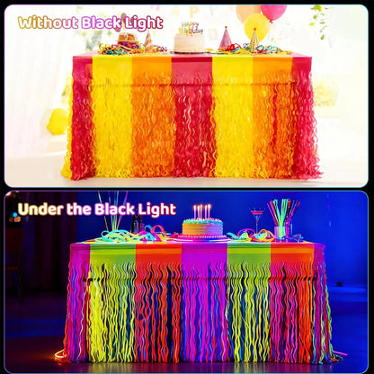 Neon Fluorescent Orange Yellow Fuchsia Wavy Metallic Tinsel Foil Fringe Table Skirts Glow in The Dark Party Supplies Glow Decors