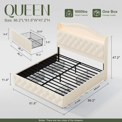 Queen Size Bed Frame and Headboard & 4 Storage Drawers, Upholstered Platform Bed Frame with RGB LED Lights &, Customized
