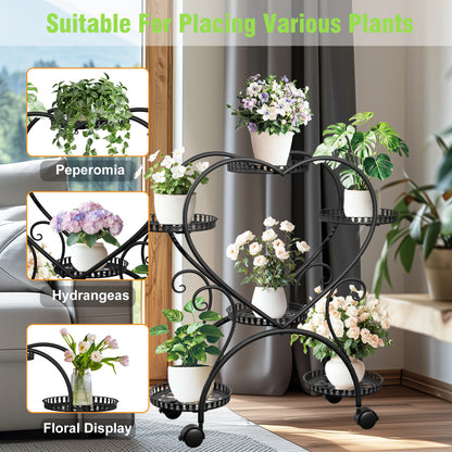 Black Metal Rolling Plant Stand Heart-Shaped Garden Display Rack with Wheels for Home And Garden Decor