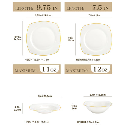 MALACASA 16/32-PCS Nordic European Golden Rim White Bone China Tableware Set with Bowl,Dinner&Dessert&Soup Plate Set for 4
