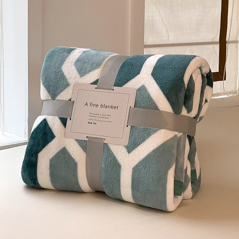 Thick Thow Blanket Geometic Style Reactive Printed Flannel Fleece Blanket for Beds Single/Queen/King Plush Plaids Sofa Plaid Bed