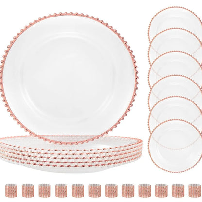 13 Inch Gold Beaded Clear Charger Plates Luxury Set for Wedding Table Dinner Birthday Party Reception Banquet Holiday Home Decor