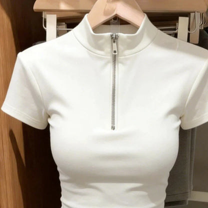 High Street Slim Zipper Patchwork Simplicity Tops Summer New Short Sleeve All-match Korean T Shirts Fashion Trend Women Clothing