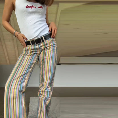 Rainbow Colorful Striped Pants Low-rise Braided Twist Denim Straight Lady Wide Leg Trousers 2026 Spring Summer Chic Casual Jeans