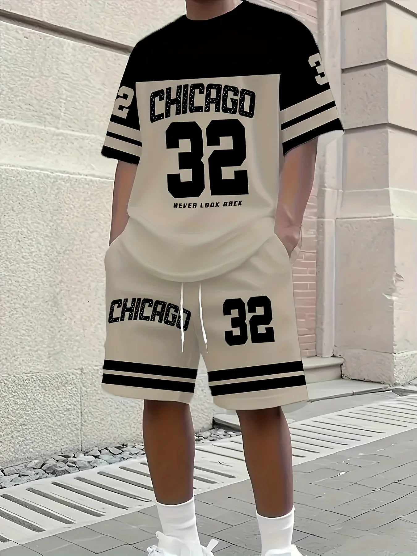 Summer Men's Chicago-Themed Relaxed Set Size 32 Printed T-Shirt and Shorts Set Adult Sports Casual Plus Size Two-Piece Set