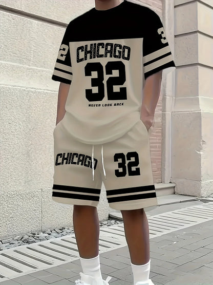 Summer Men's Chicago-Themed Relaxed Set Size 32 Printed T-Shirt and Shorts Set Adult Sports Casual Plus Size Two-Piece Set