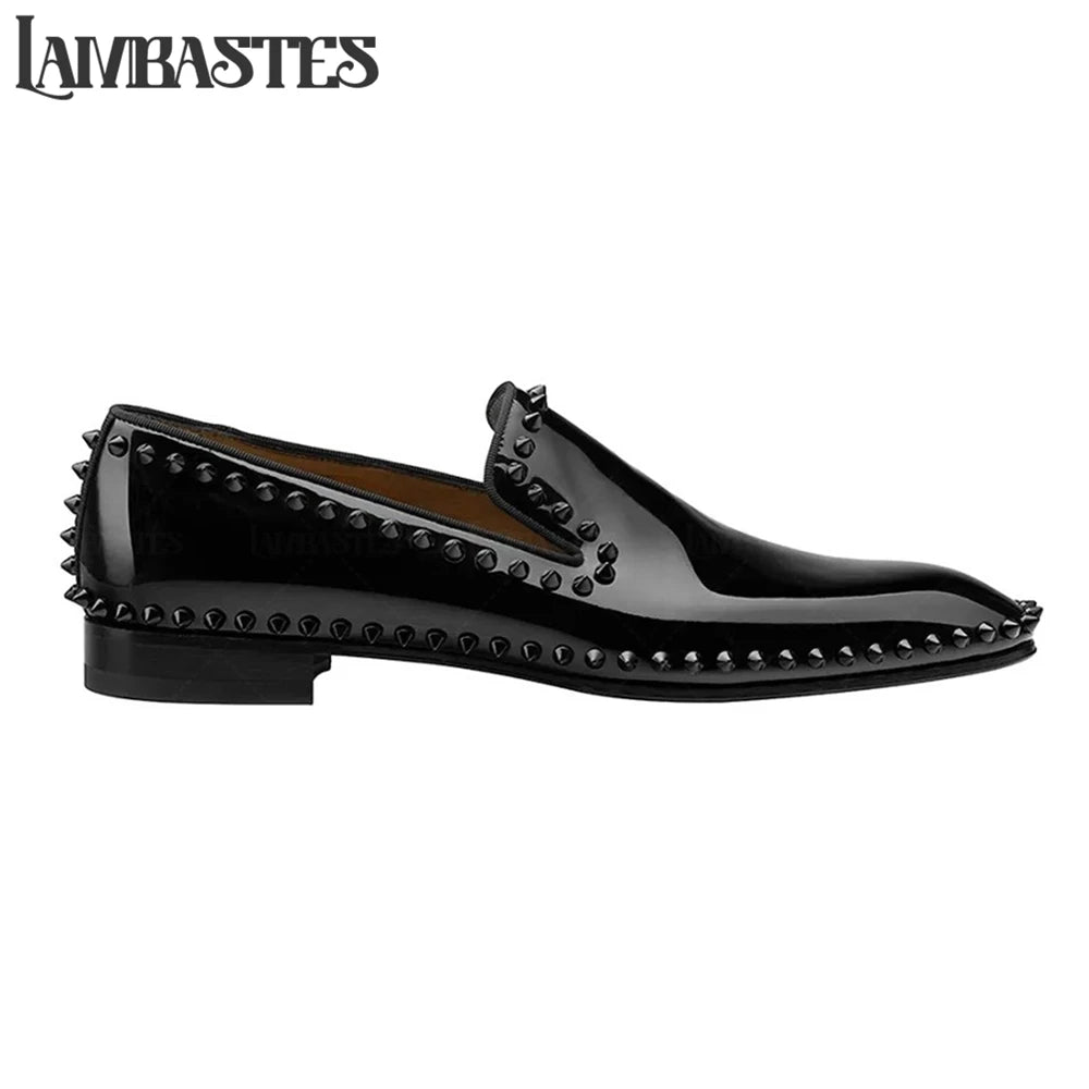 Metallic Stud Trimmed Mens Loafers Patent Matte PU Leather Slip on Shoes Edge Studded Accent Designer Style Formal Dress Shoes