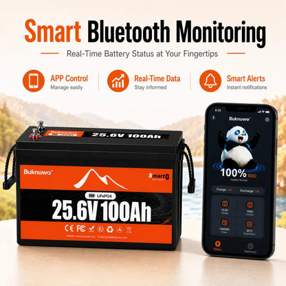 Buknuwo LiFePO4 24V/25.6V 100Ah Lithium Battery With Bluetooth Built-in 100A BMS Grade A Cells 2560Wh Power Energy Storage Battery Low-Temp Protection Capable Of Over 10000 Cycles Support Parallel Battery For Solar,RV,Marine,