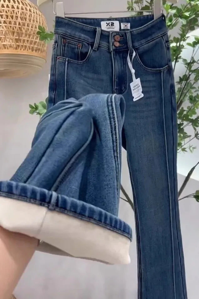 Women's High Waist Slim Fit Denim Jeans Bell Bottoms Thickened Fleece Autumn Winter Fashion Retro Style Elastic Cotton Jeans