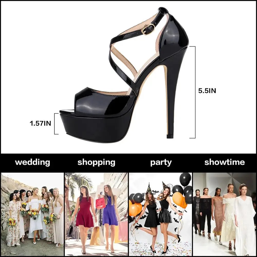 2026 Women Sandals 14CM Platform High Heels Sexy Ankle Strap Sandal Open Toe Stilettos Party Dress Wedding Shoes Plus Size 44