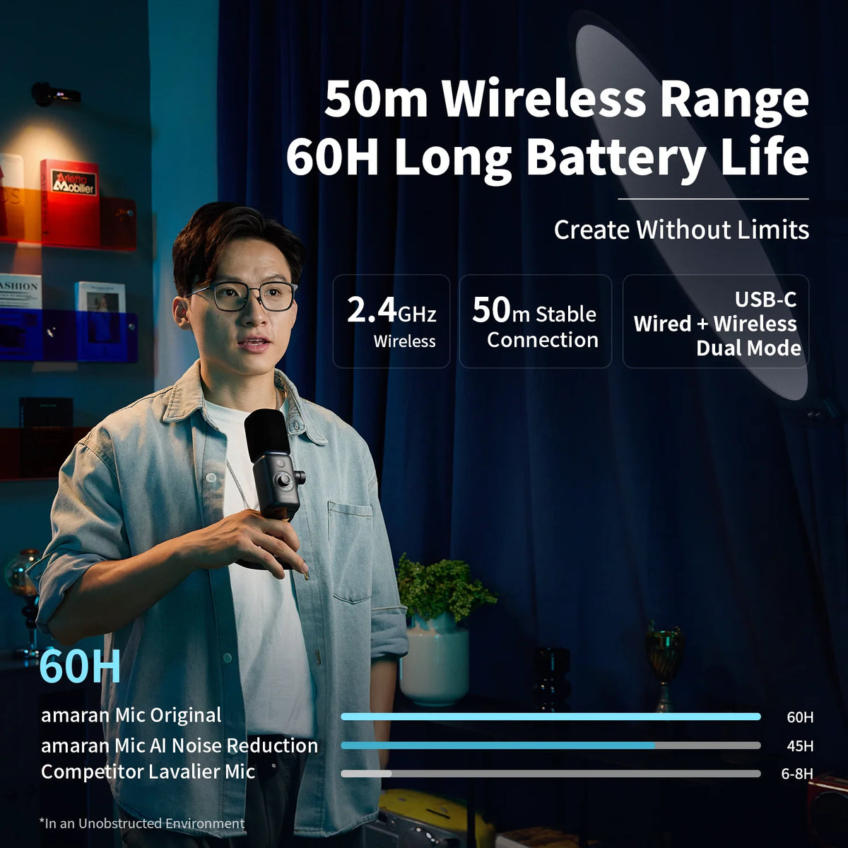 amaran Mic Wireless Desktop Microphone AI Noise Reduction 30mm Capsule 50m Range 60 Hours Battery for Podcasts Livestreams