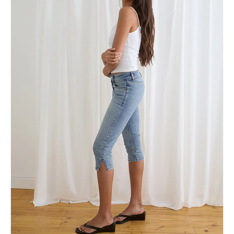 Women's Denim Pencil Capri Pants Button Low Rise Slim Fit Cropped Jeans with Side Slits Hemline Summer Stretch Capris
