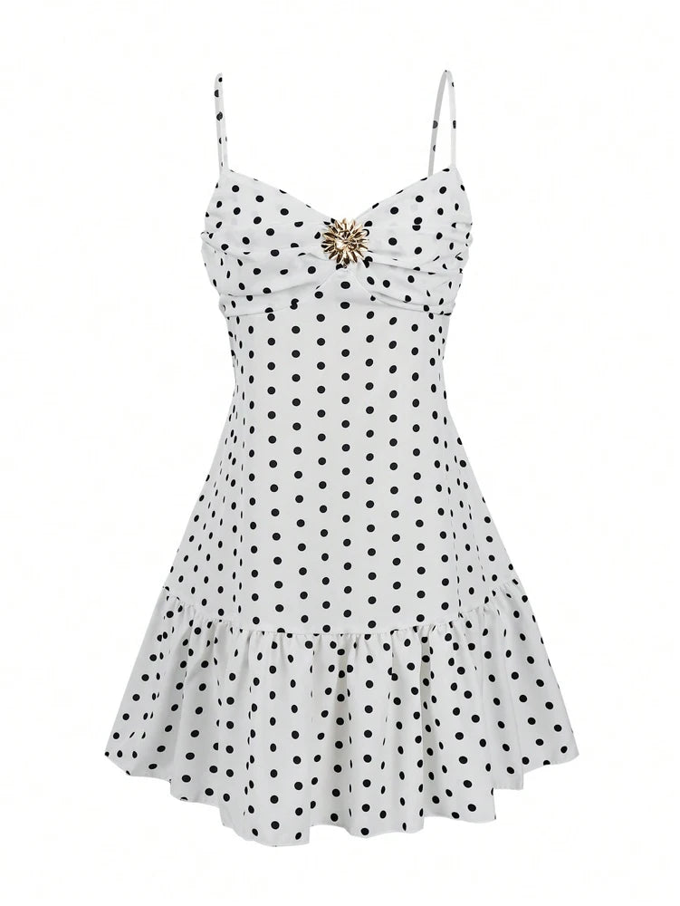 2026 Summer New Women's Polka Dot Mini Dress, Sexy Spaghetti Strap Ruffle Hem Cami Dress, Vacation Beach Party Dress