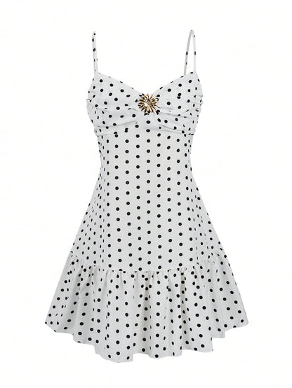 2026 Summer New Women's Polka Dot Mini Dress, Sexy Spaghetti Strap Ruffle Hem Cami Dress, Vacation Beach Party Dress