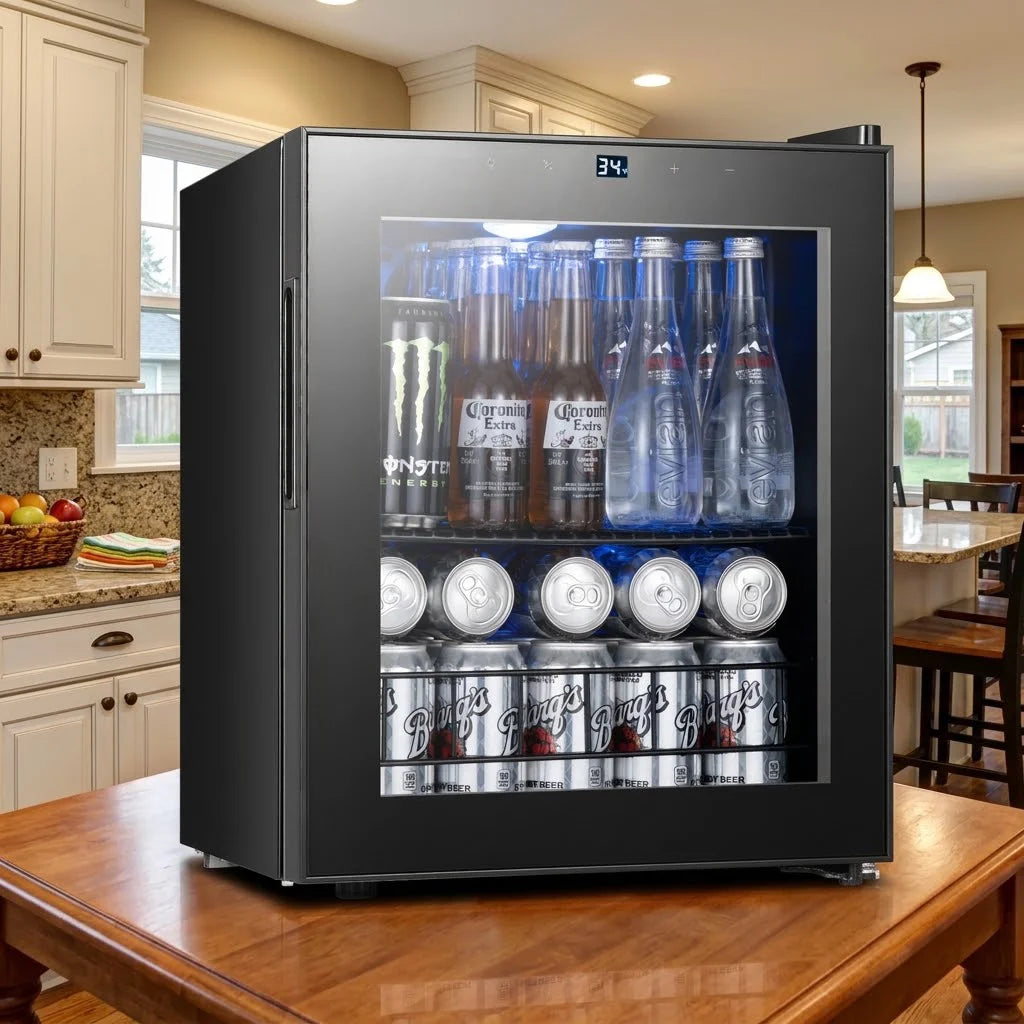 60 Cans Beverage Refrigerator 46L Mini Drink Cooler 1‑12℃ Electronic Temperature Control Glass Door Right Open For Home Bar Commercial Use