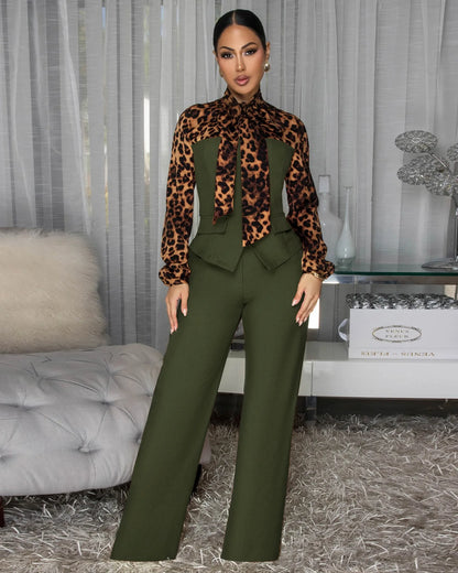 2 Pcs Women Chic Pants Suit Casual Leopard Patchwork Slim Top+ High-waist-drooping Wide-leg Long Pants Fashion Autumn Suits Set