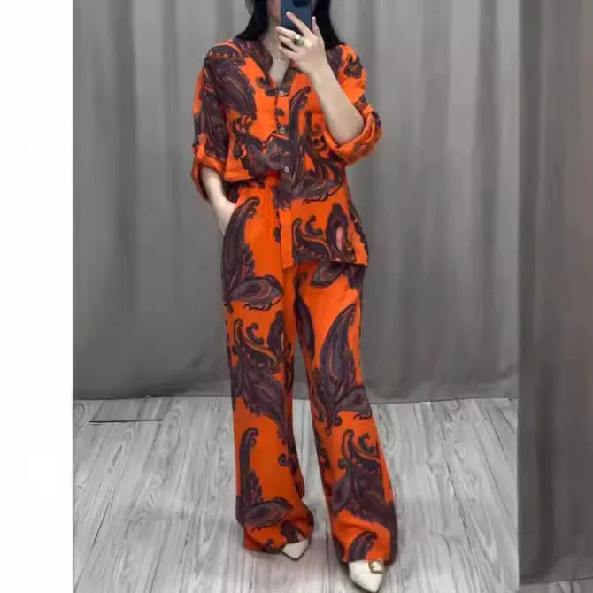 Fashion Printed Single Breasted Boho Shirt Elegant O-neck Single Breasted Shirt Wide Legs Trousers Office Commuter Two-piece Set