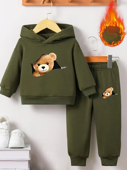 Newborn Baby Boy Fun Cartoon Bear Print Long Sleeve Fleece Sweatshirt with Casual Sports Pants Set Spring Autumn Gift