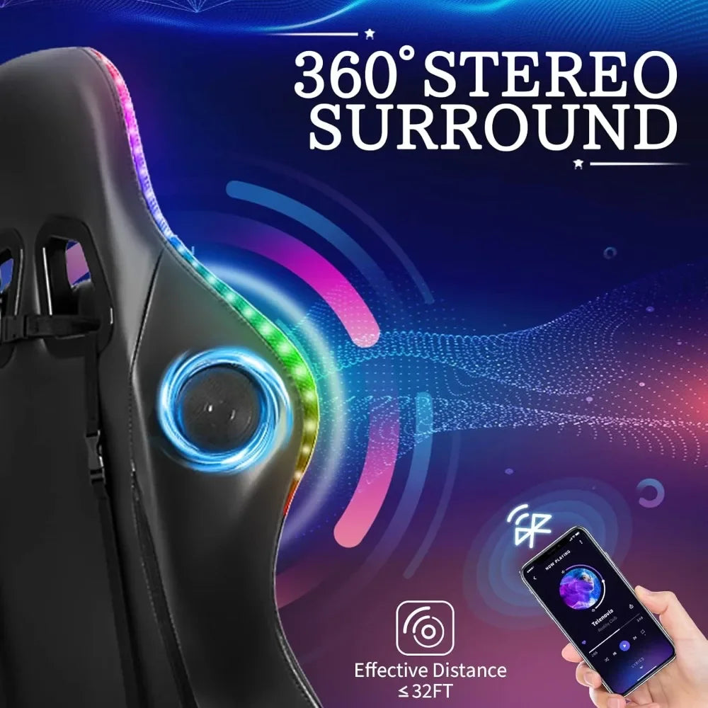 Fashion High Back Video Game Chair with Speakers Massage Computer Gaming Chair with LED Lights and Footrest