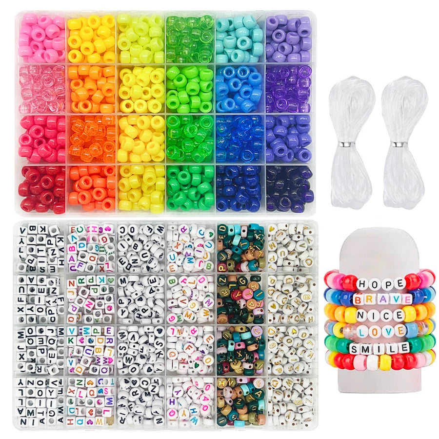 SHU YU Pony Beads for Friendship Bracelet Making Kit 24 Colors Kandi Beads Set, Plastic Rainbow Bulk and 980pcs Letter Beads wit