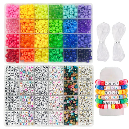 SHU YU Pony Beads for Friendship Bracelet Making Kit 24 Colors Kandi Beads Set, Plastic Rainbow Bulk and 980pcs Letter Beads wit