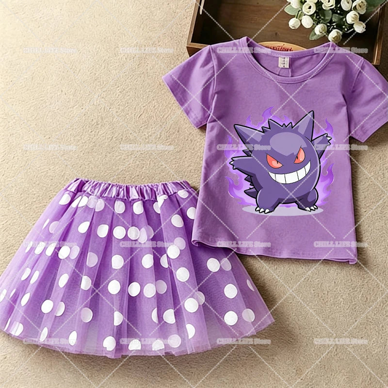 Kawaii Pikachu Eevee T-Shirt Skirt 2pcs Set Pokemon Jigglypuff Toddler Short Sleeve Tee Polka Dot Tutu Skirts Kids Clothes Set