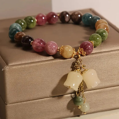 Vintage Antique Style Beaded Bracelet, Chinese Multi Gemstone Wristband with Carved Lily of The Valley Pendant, Retro Heirloom Aesthetic Jewelry Gift for Classic Fashion Lovers