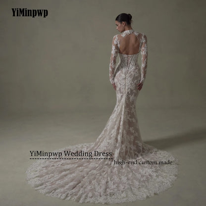 Ivory Lace Mermaid Wedding Dresses for Bride Removable High Neck Long Sleeve Backless Garden Beach Bridal Gown Customized