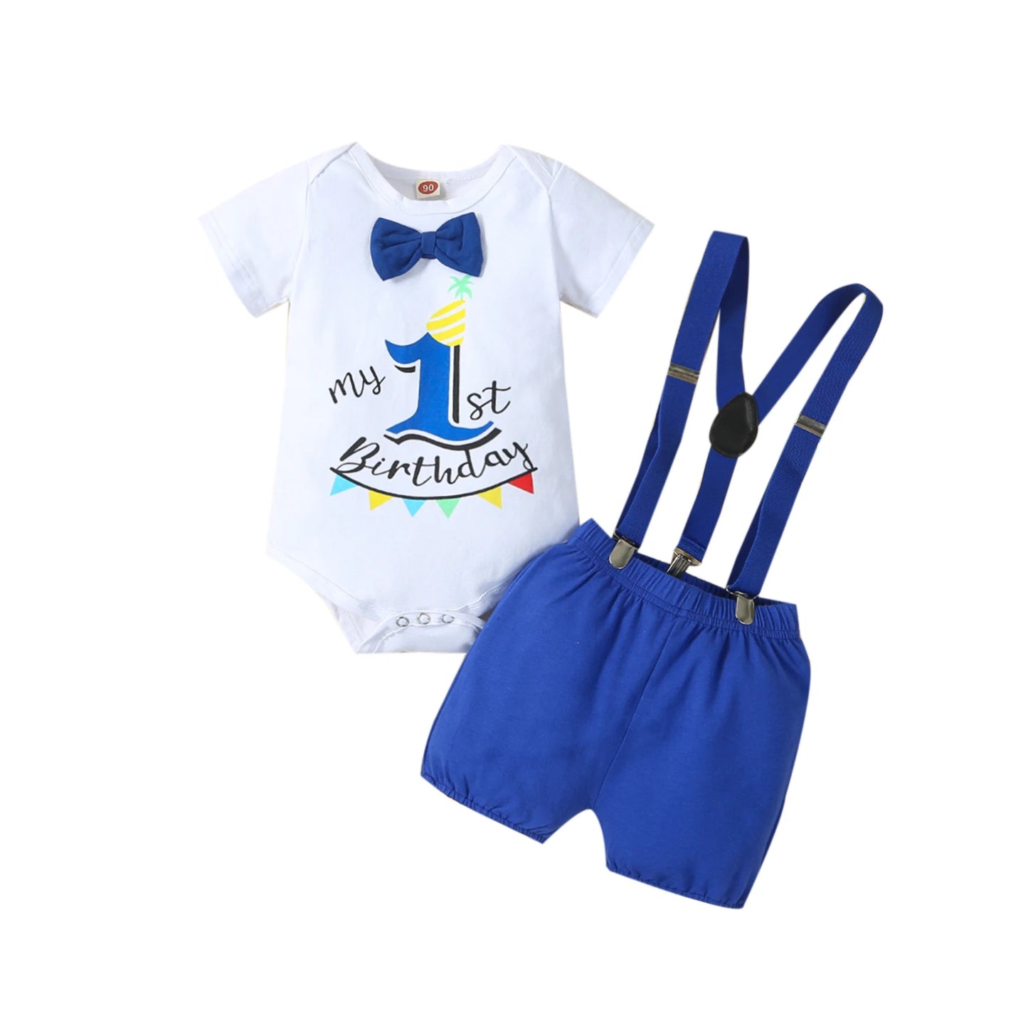 MiniFox Baby Boys Birthday Outfit For One Years Number"1“ Bodysuit and Y-back Suspender Shorts 1 Year Birthday Cake Smash Sets