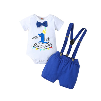 MiniFox Baby Boys Birthday Outfit For One Years Number"1“ Bodysuit and Y-back Suspender Shorts 1 Year Birthday Cake Smash Sets