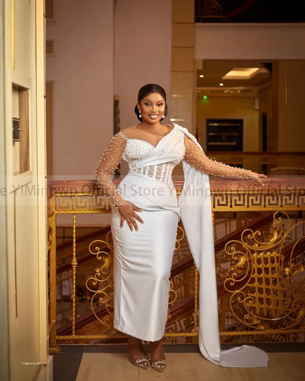 Ivory Civil Wedding Dresses for Bride Sheer Neck Long Sleeve Corset Pearls Aso Ebi Nigeria Courthouse Bridal Gowns Customized