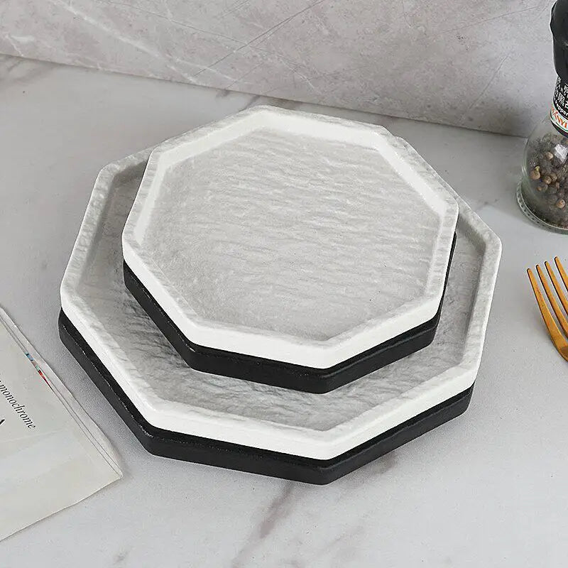 1PC Octagonal Black White Plate Luxury Light Luxury Steak Plate Western Food Dish Tableware for Home Dining Table